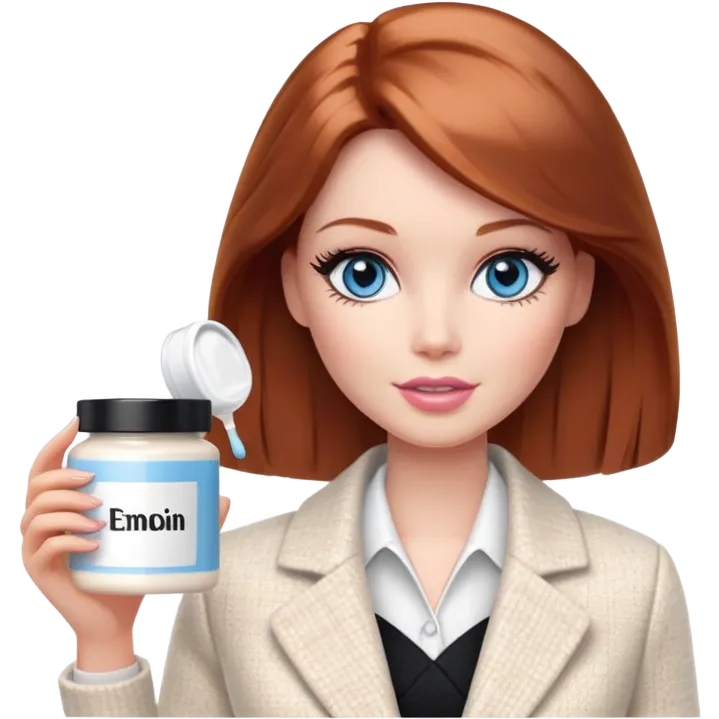 A Barbie girl with blue eyes, shoulder-length reddish-brown hair with makeup, wearing a white tweed jacket and a black skirt, pale beige body cosmetic cream pot emoji