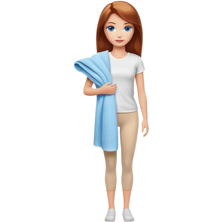 A Barbie girl with blue eyes, shoulder-length reddish-brown hair, made-up, wearing a white T-shirt and beige leggings, holding a towel in her hands emoji