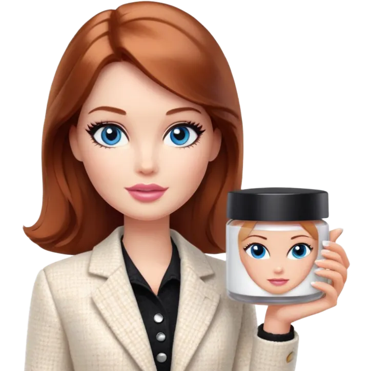 A Barbie girl with blue eyes, shoulder-length reddish-brown hair with makeup, wearing a white tweed jacket and a black skirt, holds pale beige body moisturizer cream pot emoji