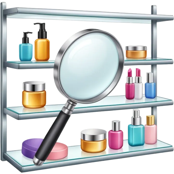 front view magnifying glass over beauty product shelf searching for last item emoji