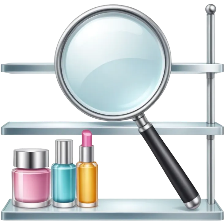 front view magnifying glass over beauty product shelf searching for last item emoji