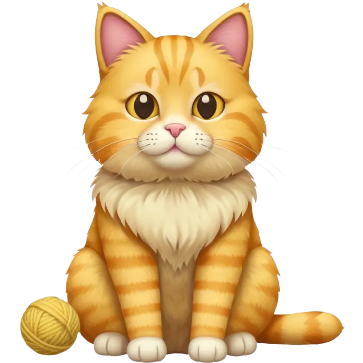 yellow cat full body sitting with a wool ball emoji