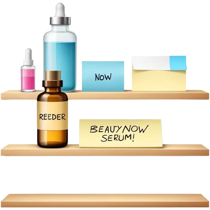 big shelf with one beauty serum, large sticky note with 'reorder now!' text emoji