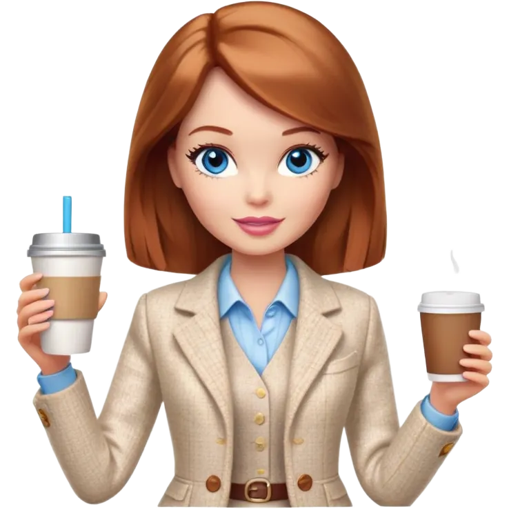 A Barbie girl with blue eyes, shoulder-length reddish-brown hair, made-up, wearing a white tweed jacket and a beige skirt, with a glass of coffee in her hands emoji