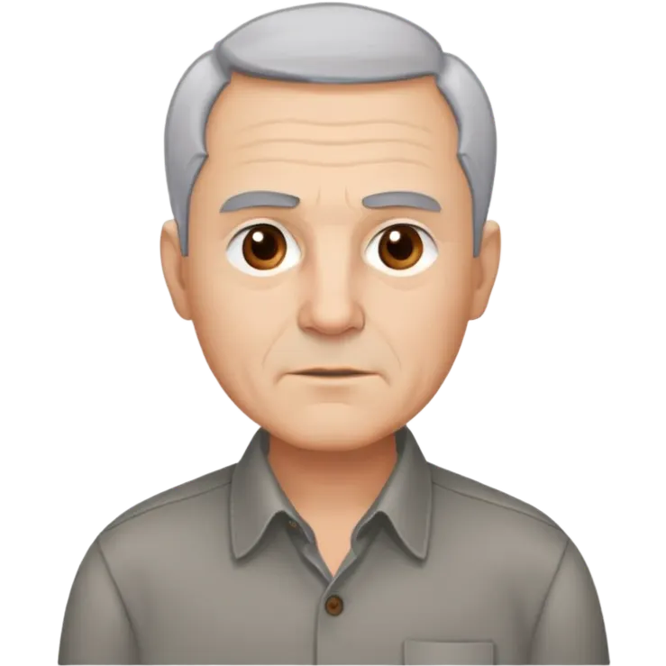 Close-up portrait of René Monclova. Light-skinned older man with round face and broad jaw. Short silver-gray hair with visible receding hairline. Warm brown eyes, thick eyebrows. Neutral expression. Wearing a dark button-up shirt. emoji