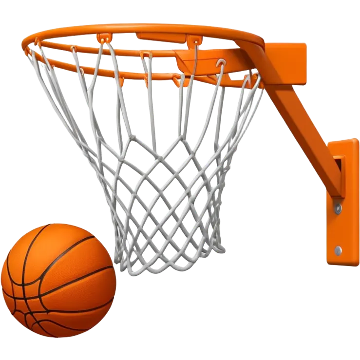 Minimalist orange Spalding basketball going through a white basketball net, swishing through hoop, iOS emoji style emoji