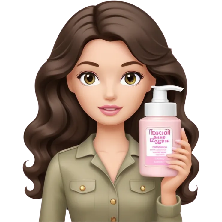 A white Barbie girl with long dark brown wavy hair in pale olive clothes holds Pale pink body moisturizer cream pot  emoji