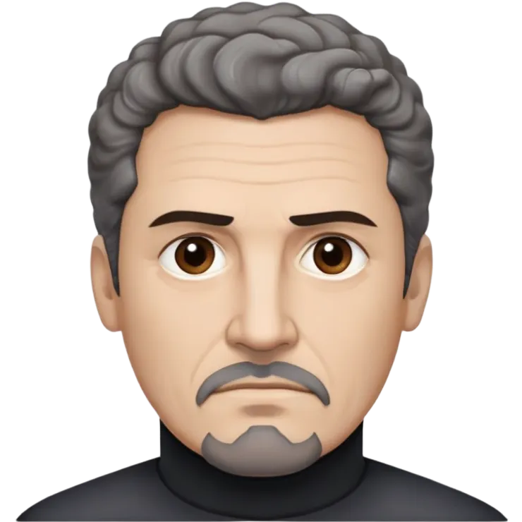 Man in his 50s with light brown complexion. Strong square jaw. Stern dark eyes with intense gaze. Thick eyebrows in a focused expression. Black goatee with gray streaks. Short curly dark hair with receding hairline. No smile, authoritative look. Wearing a black turtleneck. emoji