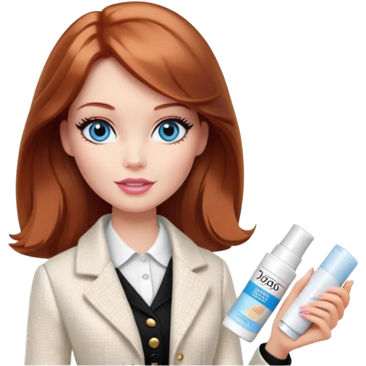 A Barbie girl with blue eyes, shoulder-length reddish-brown hair, made-up, in a white tweed jacket and black skirt, holding a tube of pale beige face cream emoji