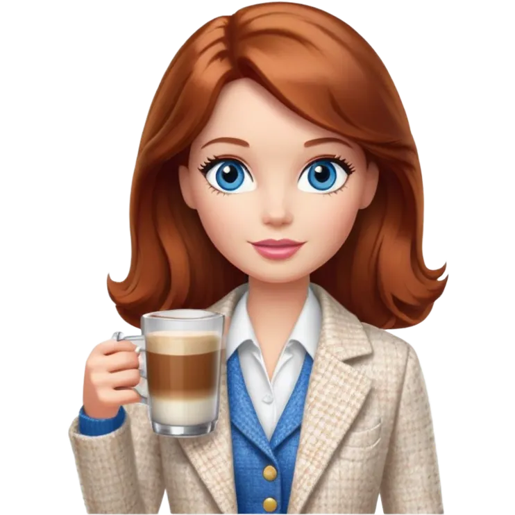 A Barbie girl with blue eyes, shoulder-length reddish-brown hair, made-up, wearing a white tweed jacket and a white skirt, with a glass of coffee in her hands emoji