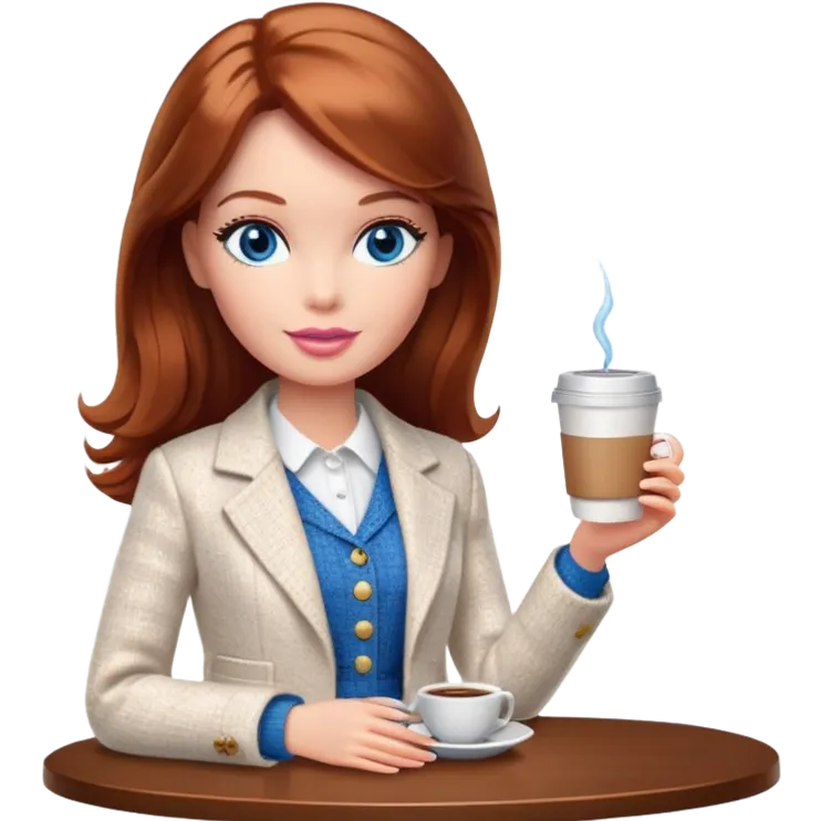 A Barbie girl with blue eyes, shoulder-length reddish-brown hair, made-up, wearing a white tweed jacket and a white skirt, with a glass of coffee in her hands emoji