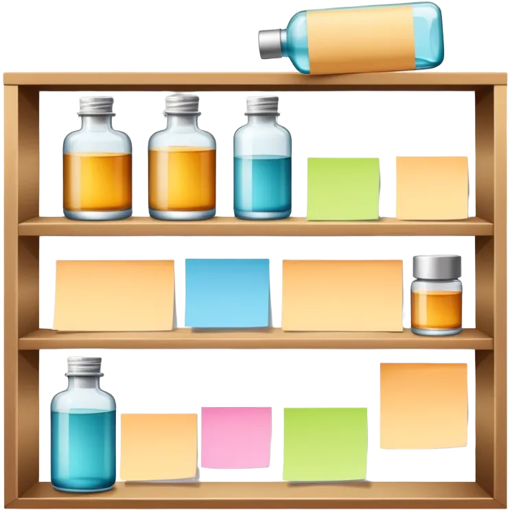 big shelf with one beauty serum, large sticky note with 'reorder now!' text emoji