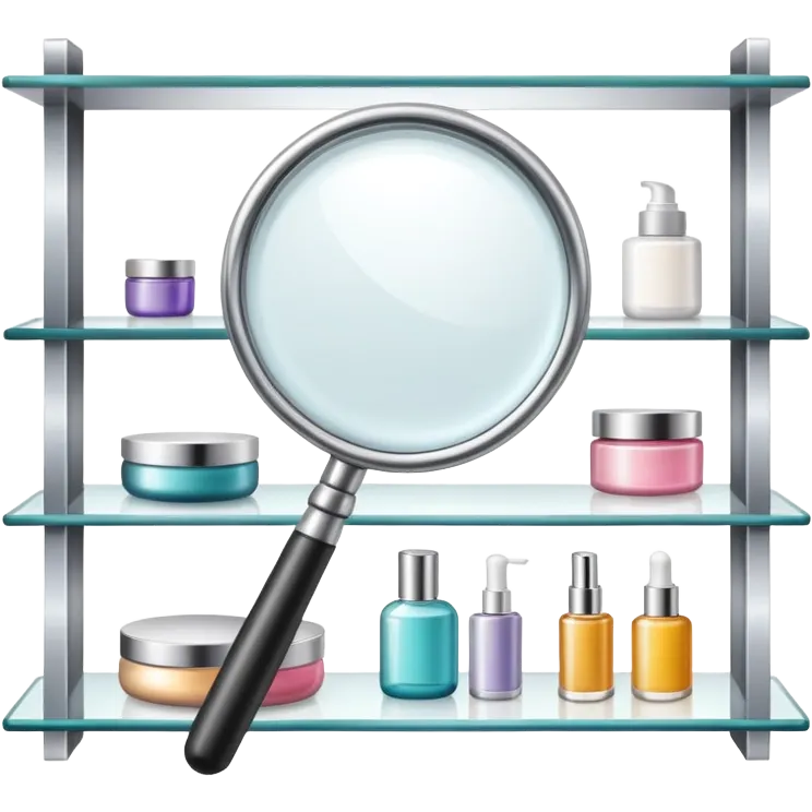 front view magnifying glass over beauty product shelf searching for last item emoji
