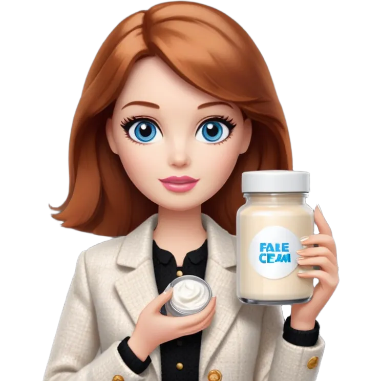 A Barbie girl with blue eyes, shoulder-length reddish-brown hair, made-up, in a white tweed jacket and black skirt, holding a jar of pale beige face cream emoji
