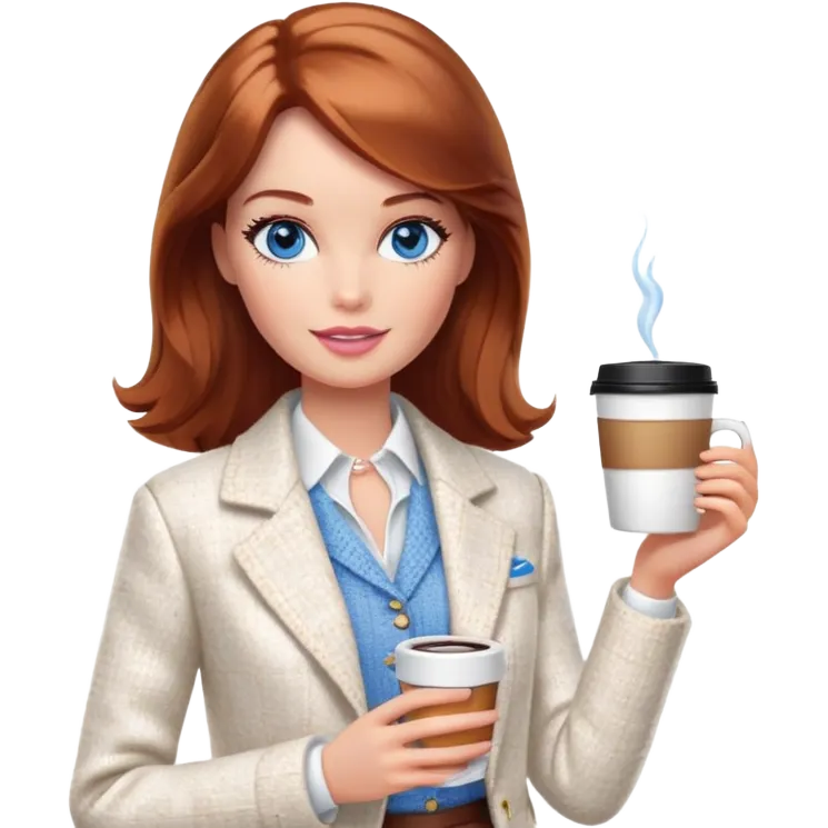 A Barbie girl with blue eyes, shoulder-length reddish-brown hair, made-up, wearing a white tweed jacket and a white skirt, with a glass of coffee in her hands emoji