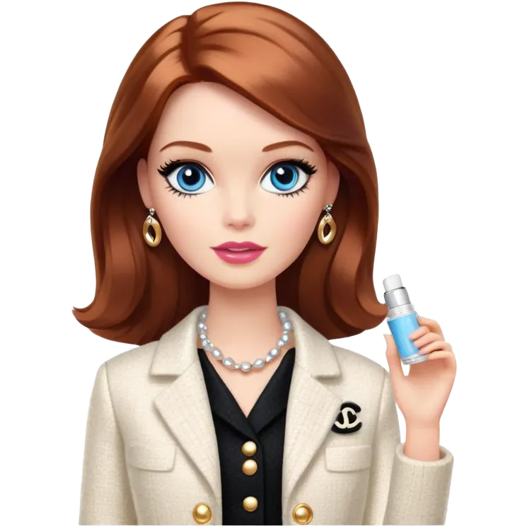 A Barbie girl with blue eyes, shoulder-length reddish-brown hair with makeup, wearing a white tweed jacket and a black skirt stands with Chanel white gold cream emoji