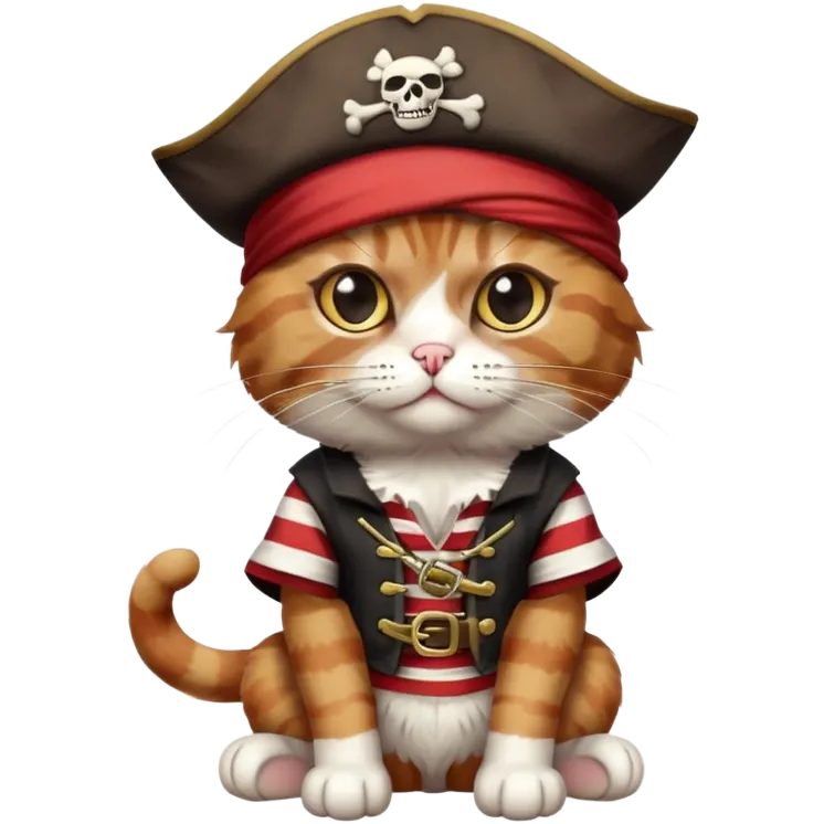 cat full body sitting dressed as a pirate with one eye patch emoji