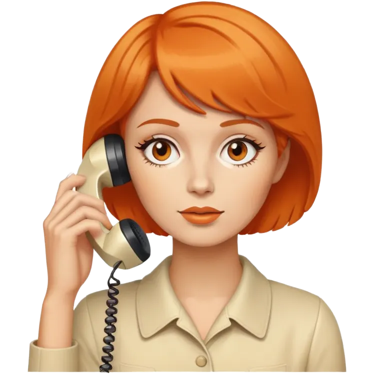upper body of a woman with short orange hair talking on a white 70s phone emoji