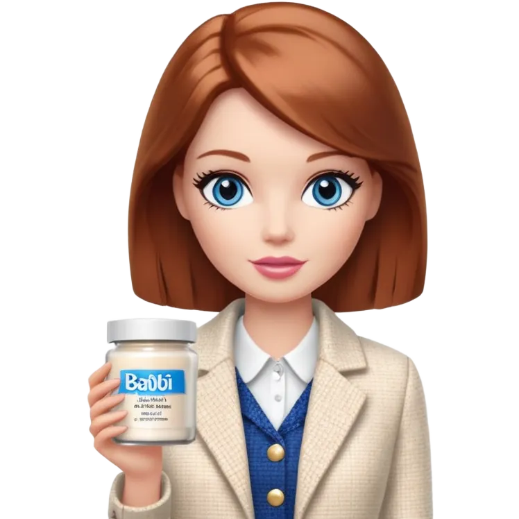 A Barbie girl with blue eyes, shoulder-length reddish-brown hair with makeup, wearing a white tweed jacket and a black skirt, holds pale beige body moisturizer cream pot emoji