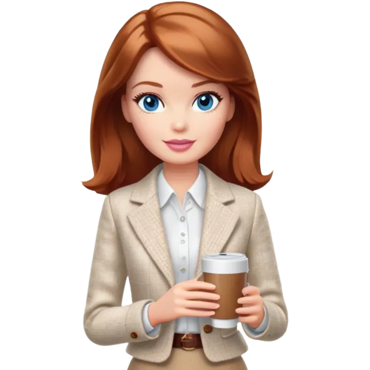 A Barbie girl with blue eyes, shoulder-length reddish-brown hair, made-up, wearing a white tweed jacket and a beige skirt, with a glass of coffee in her hands emoji