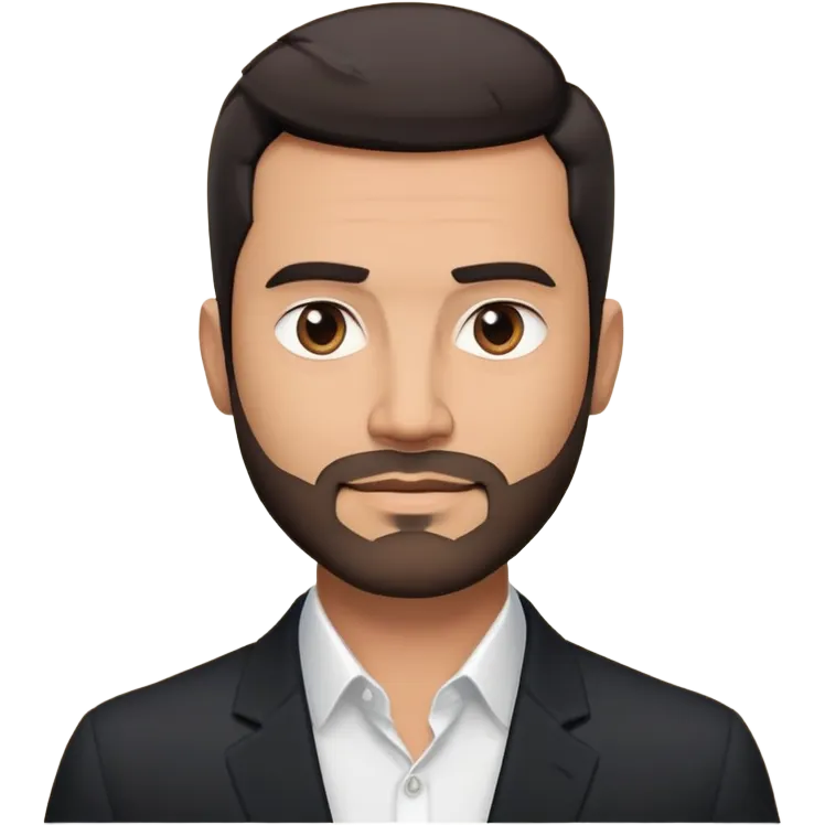 Good-looking robust man in his mid-40s with light brown skin tone, short black hair with evident fade cut, 5 o'clock shadow/scruff instead of beard, strong square face, approachable TV host expression, black blazer left open showing white buttoned shirt emoji