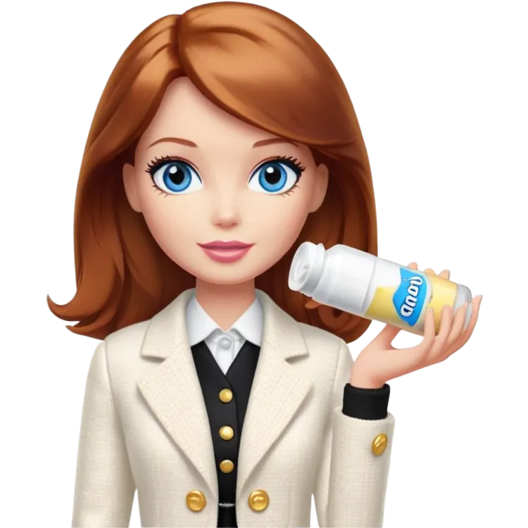 A Barbie girl with blue eyes, shoulder-length reddish-brown hair, made-up, in a white tweed jacket and black skirt, holding a tube of pale yellow face cream emoji