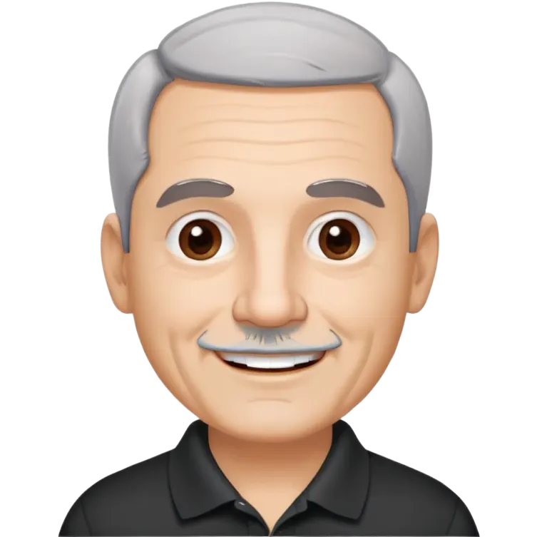 Puerto Rican older man with round face, wide jaw, light skin. Expressive dark brown eyes, thick eyebrows. Short gray hair with receding hairline. Light gray stubble beard. Friendly smile. Wearing a black polo shirt. emoji