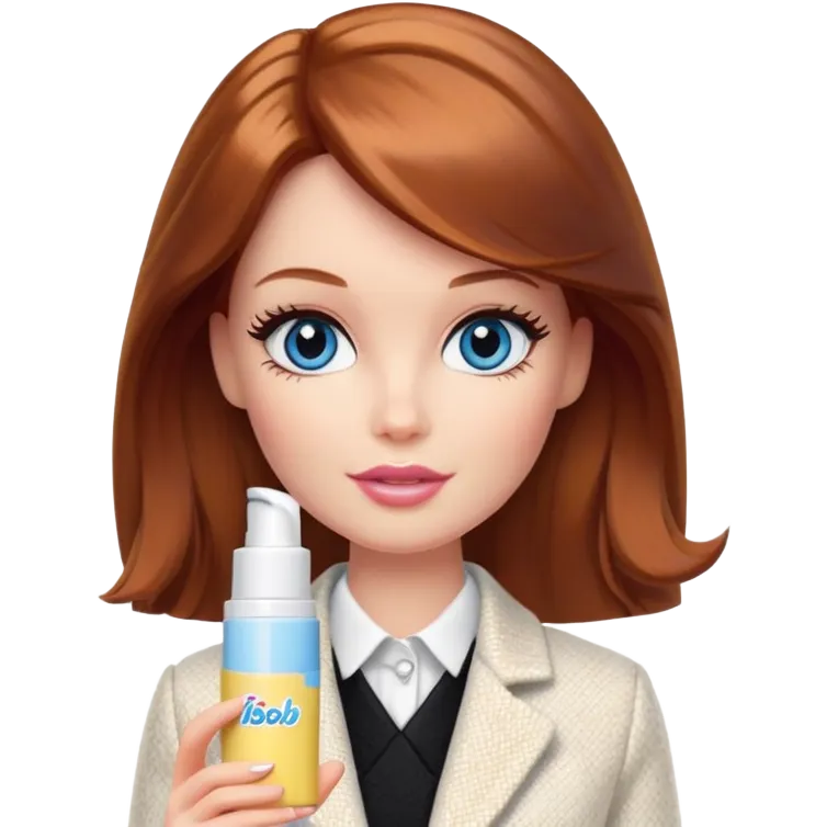 A Barbie girl with blue eyes, shoulder-length reddish-brown hair, made-up, in a white tweed jacket and black skirt, holding a tube of pale yellow face cream emoji