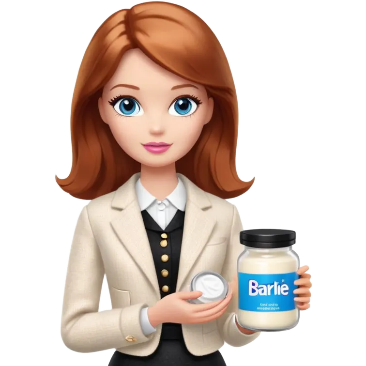 A Barbie girl with blue eyes, shoulder-length reddish-brown hair, made-up, in a white tweed jacket and black skirt, holding a jar of pale beige body cream emoji