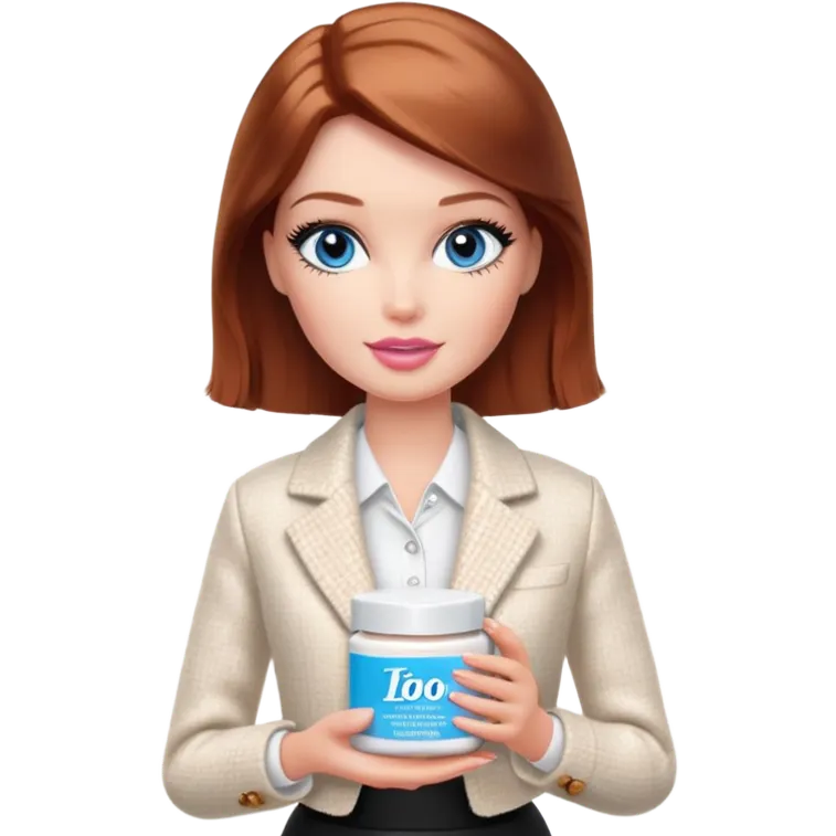 A Barbie girl with blue eyes, shoulder-length reddish-brown hair with makeup, wearing a white tweed jacket and a black skirt, holds pale beige body moisturizer cream pot emoji