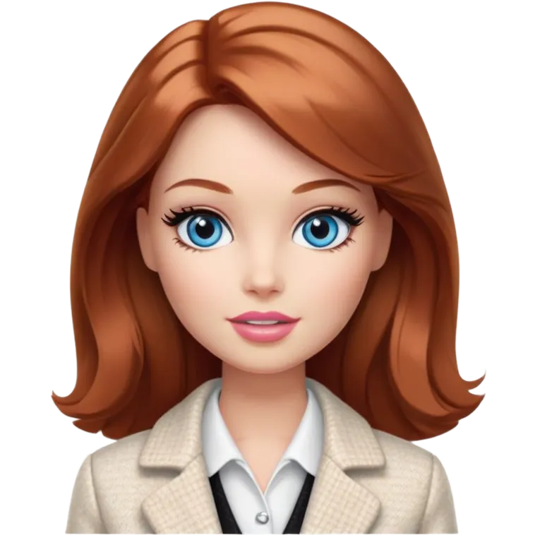 A Barbie girl with blue eyes, shoulder-length reddish-brown hair with makeup, wearing a white tweed jacket and a black skirt, pale beige body cosmetic cream pot emoji