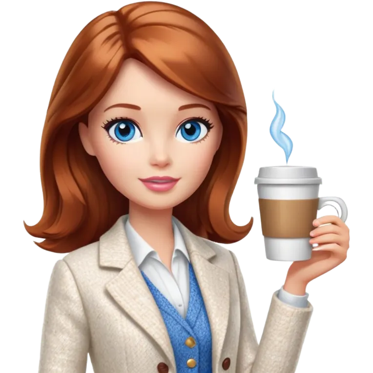 A Barbie girl with blue eyes, shoulder-length reddish-brown hair, made-up, wearing a white tweed jacket and a white skirt, with a glass of coffee in her hands emoji