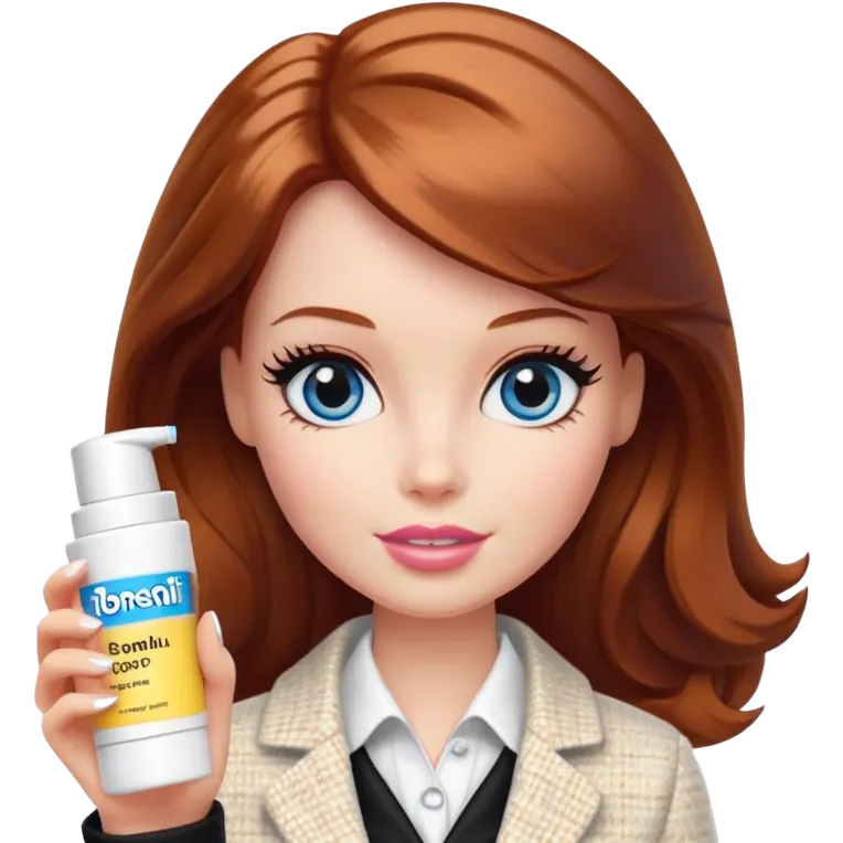 A Barbie girl with blue eyes, shoulder-length reddish-brown hair, made-up, in a white tweed jacket and black skirt, holding a tube of pale yellow face cream emoji