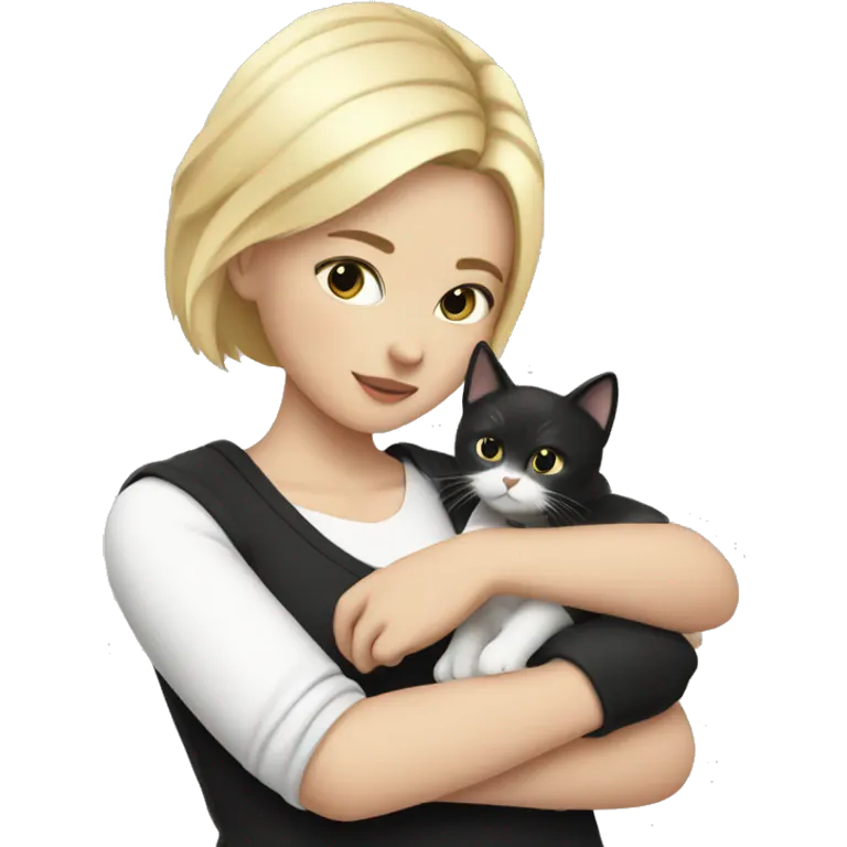 blonde girl with short hair holding a black and white cat in her arms emoji