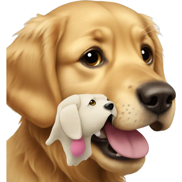 Golden retriever with stuffed dog in mouth emoji