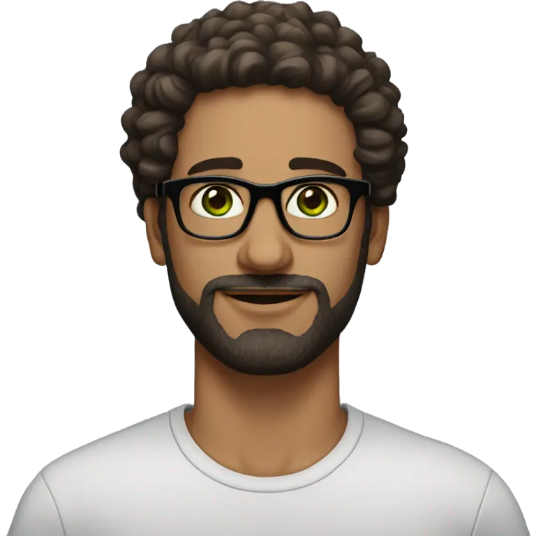 Man with green eyes and black specs, fair skin curly hair, small traingular beard below the lips. Hair colour is dark brown, fade hairstyle - is designin emoji