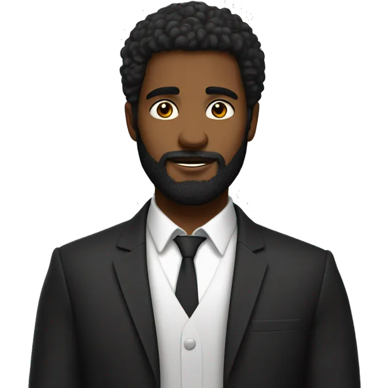 Un jeune homme noir avec une barbe légèrement fournie, des cheveux très courts noirs et un regard confiant emoji