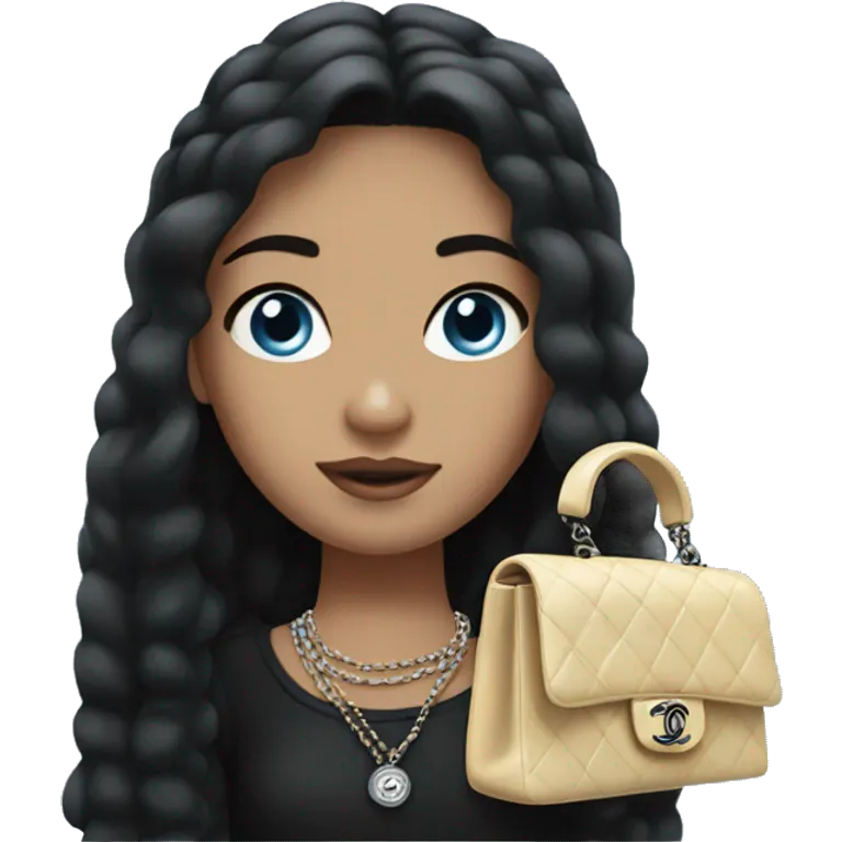 a girl with fair skin, straight black hair, blue eyes, with a Chanel handbag in her hand, stands emoji