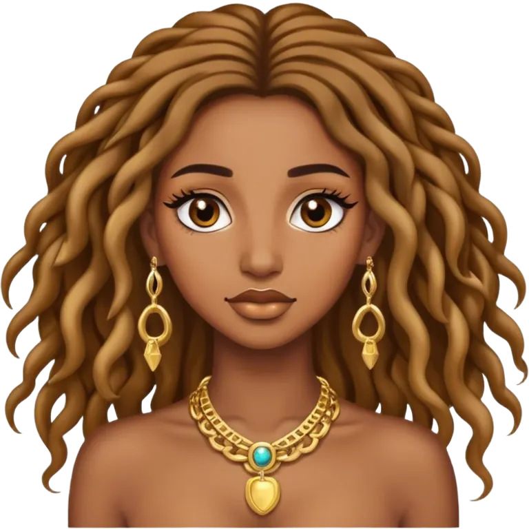 Brown skin women with locks, eyelashes and a lot of gold jewellery  emoji