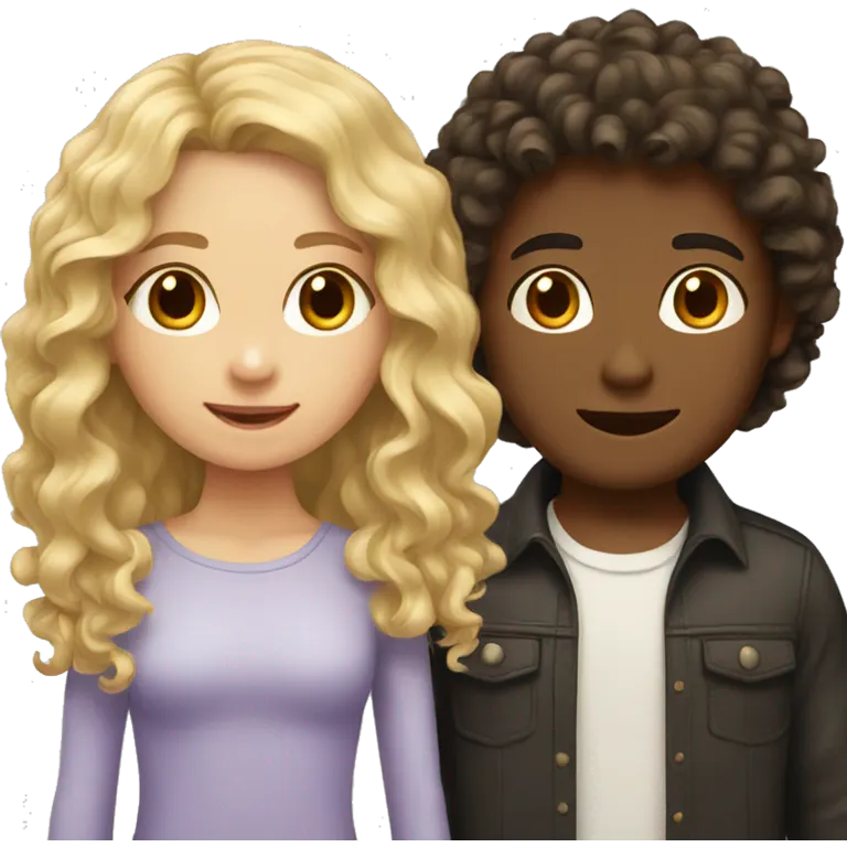 Girl with long dark hair and boy with blond curly hair emoji