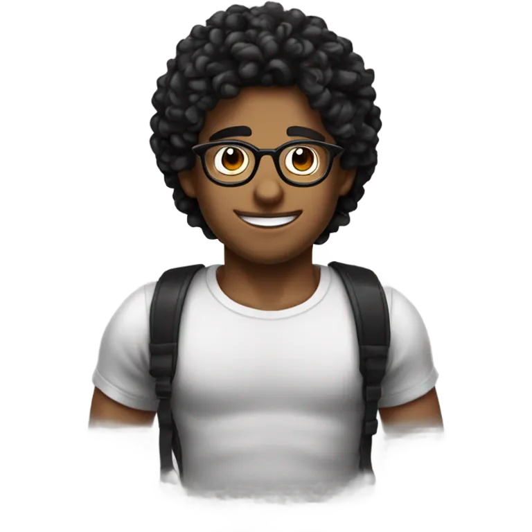chico con cabello rizado negro, piel morena y que use lentes emoji