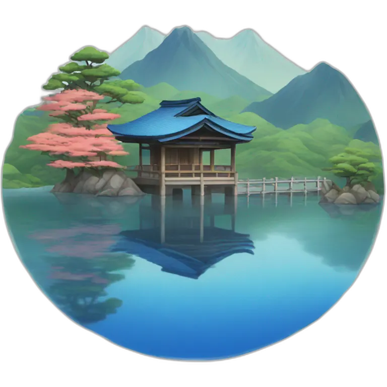Small Japanese house with a blue tiled roof and a torii gate on an island a lake emoji