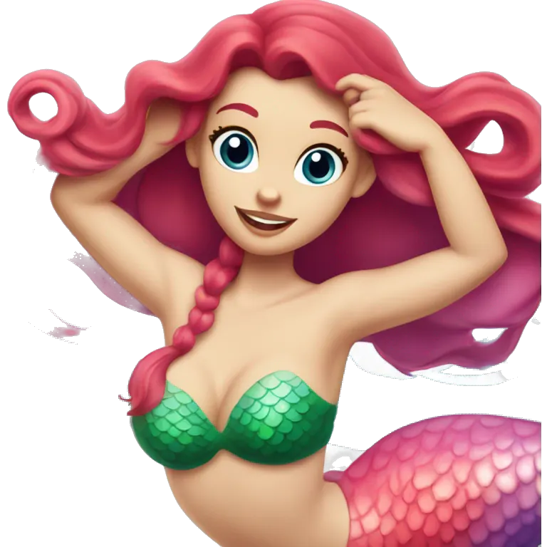 Ariel the mermaid swimming. Her tail is green, her bikini top is purple, and her hair is bright red and wavy. She has pale skin and blue eyes. Her lips are pink. She is swimming. emoji