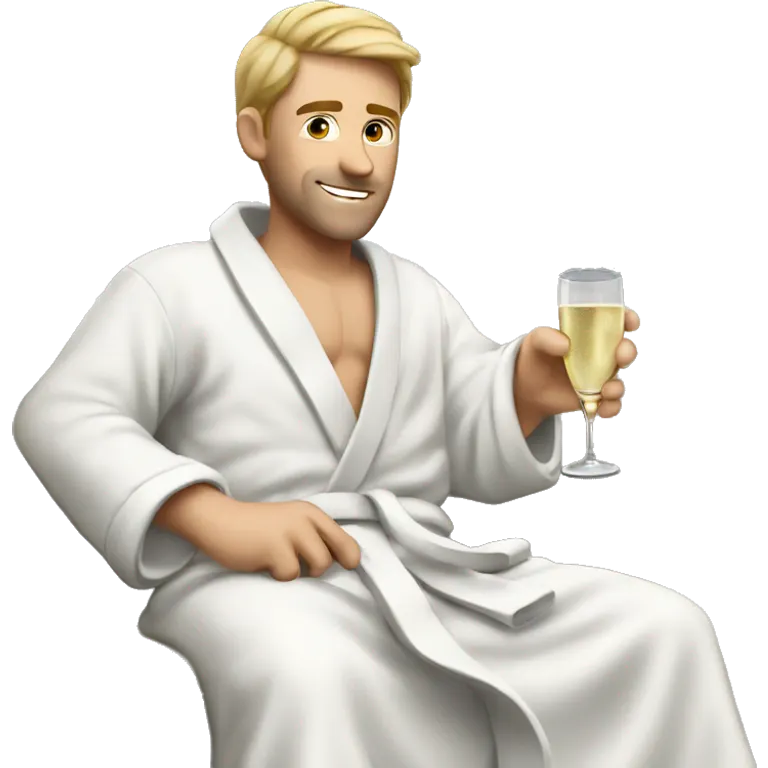 A white man in a bathrobe on the sofa with a glass of champagne emoji