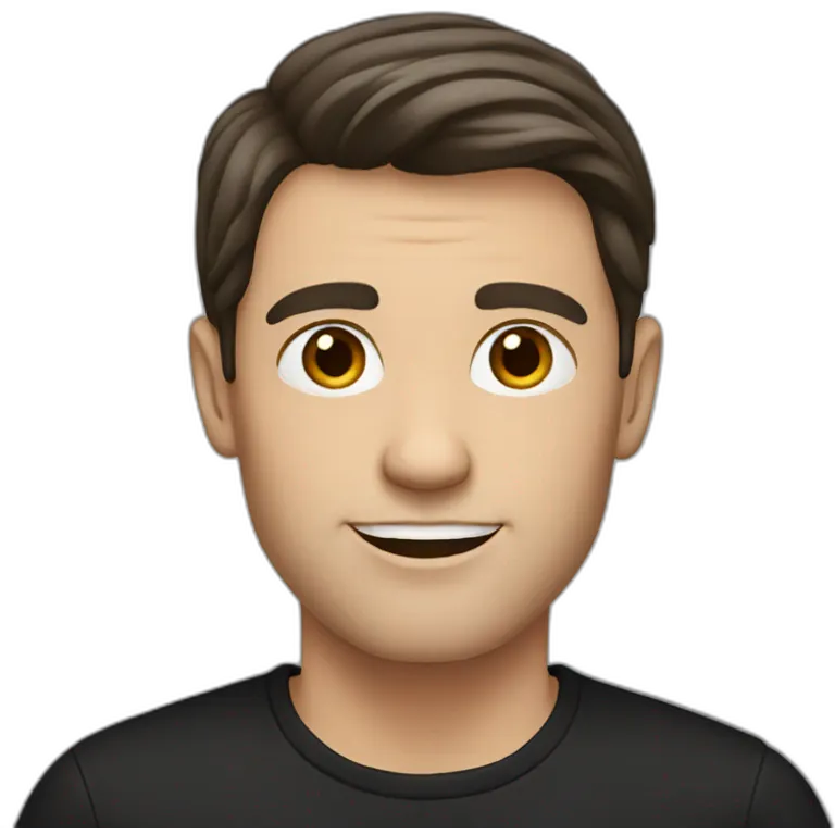 a shaved white man with long dark brown hair, with a black t-shirt emoji