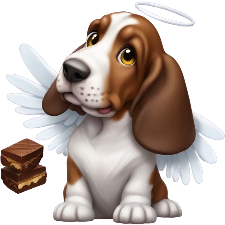 Basset hound with angel wings eating a box of chocolates, with chocolate around his mouth  emoji