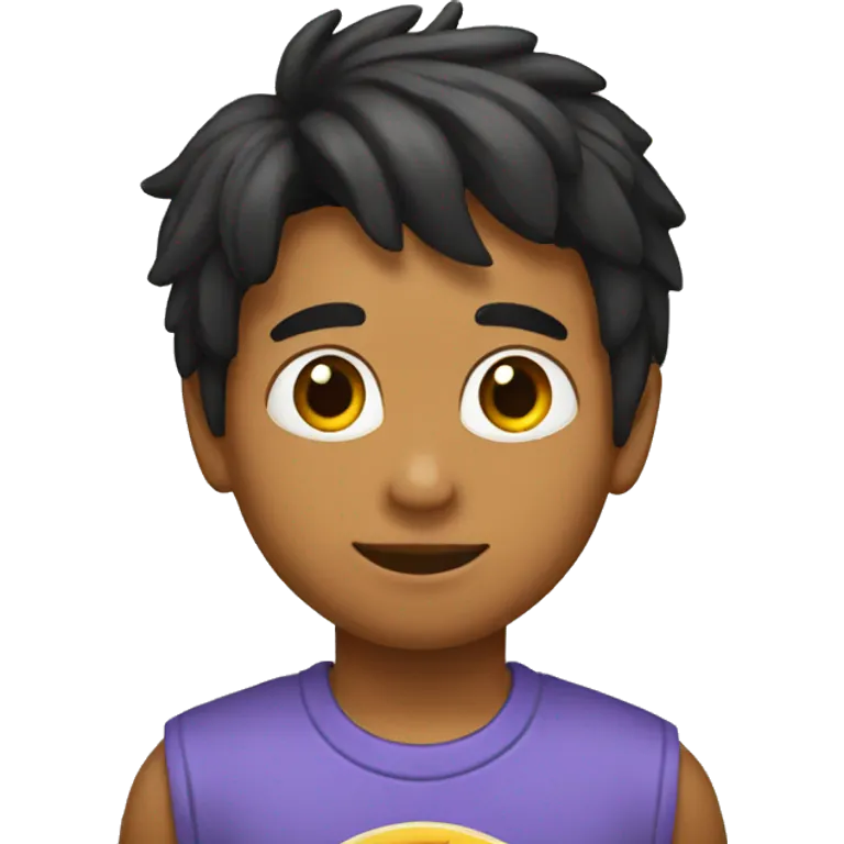Niño con pelo negro con un yorki mesclado con salchicha emoji