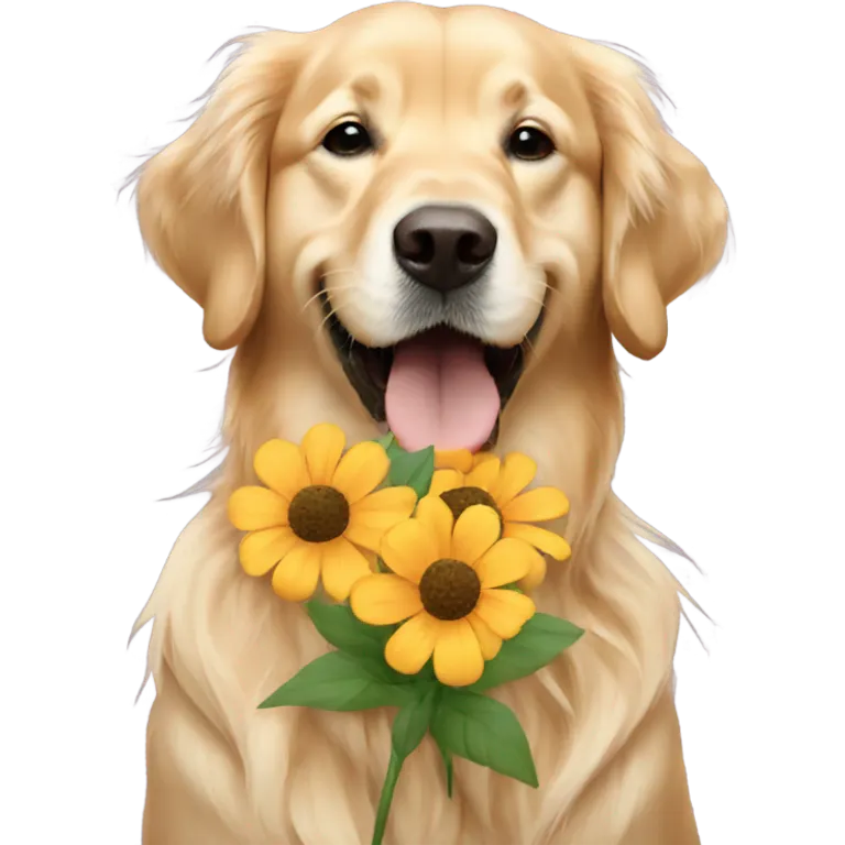 Golden retriever holding flowers in mouth emoji