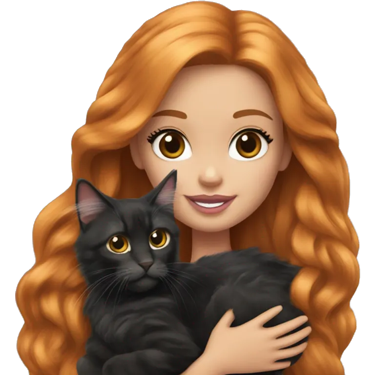 Barbie girl with long ginger hair Holds in her arms Black Maine coon emoji