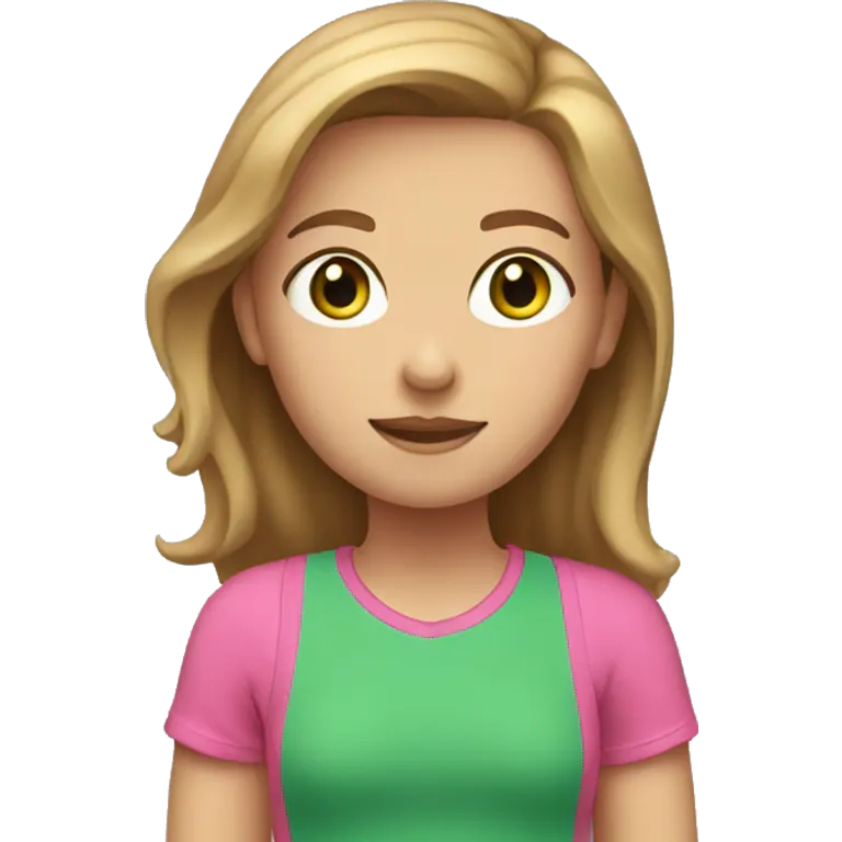 A girl with light brown hair, green eyes and a pink T-shirt emoji